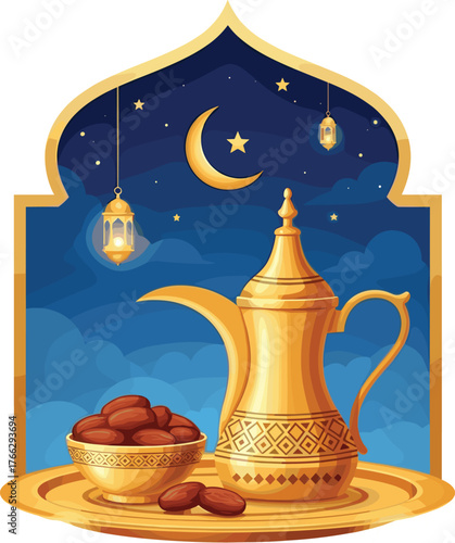 Ramadan Kareem Dates and Arabic Coffee Pot Illustration