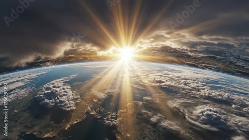 A celestial view from above, earth and clouds encircled by a sunlit atmosphere