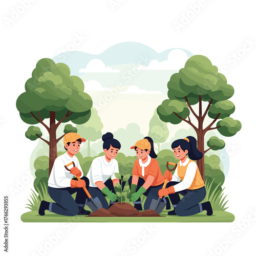 People Planting Trees and Caring for Environment Illustration