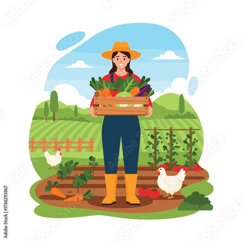 Female Farmer Holding Fresh Vegetables Basket on Farm Illustration