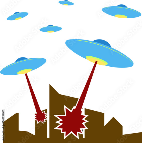 Flying saucers attack the city at night.