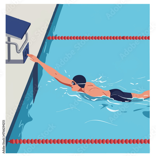 Determined male athlete swimming freestyle in a vibrant competition pool lane, powerfully reaching the wall touch pad in this clean 2D flat vector illustration.