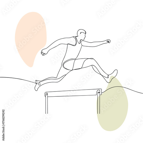 Athlete Jumping Over Hurdle in Continuous Line Art Style with Abstract Shapes and a Clean Minimalist Design Perfect for Sport Themed Graphics