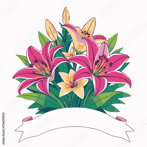 Vector art of a vibrant bouquet of pink and yellow lilies with unopened buds, set against a clean, featuring a decorative pink ribbon banner at the bottom for text