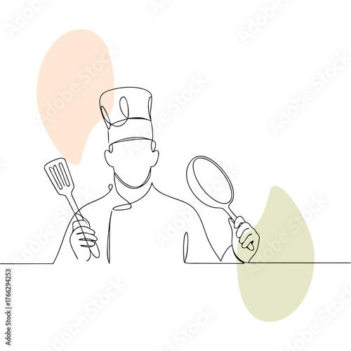 Chef Illustration with Cooking Utensils a Single Line Drawing for Restaurant or Culinary Arts Branding and Menu Design Projects with Earth Tone Accents