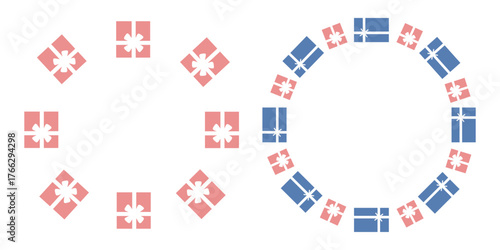 Set of two round holiday frames with  beautiful red and blue gift box with  white ribbon. Happy Birthday, Christmas, New Year. Flat vector design.