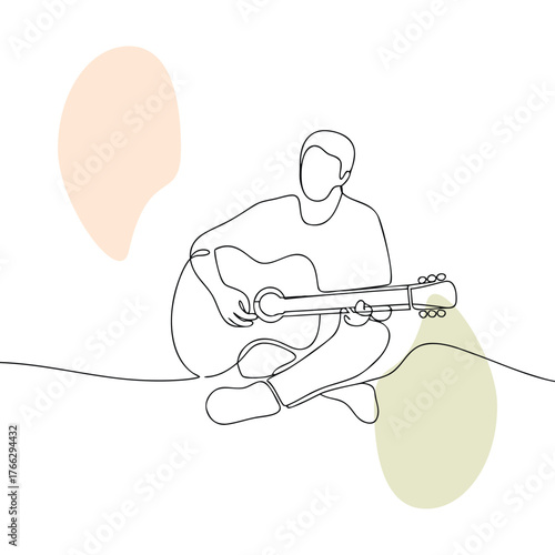 Continuous Line Art of a Guitar Player Immersed in Music with Abstract Shapes Minimalist Design Creates a Serene and Creative Ambiance Perfect for Music Lovers and Artistic Projects