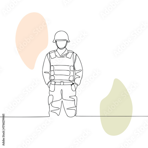 Continuous line art of a soldier in uniform with abstract organic shapes offering a minimalist military representation and modern aesthetic appeal