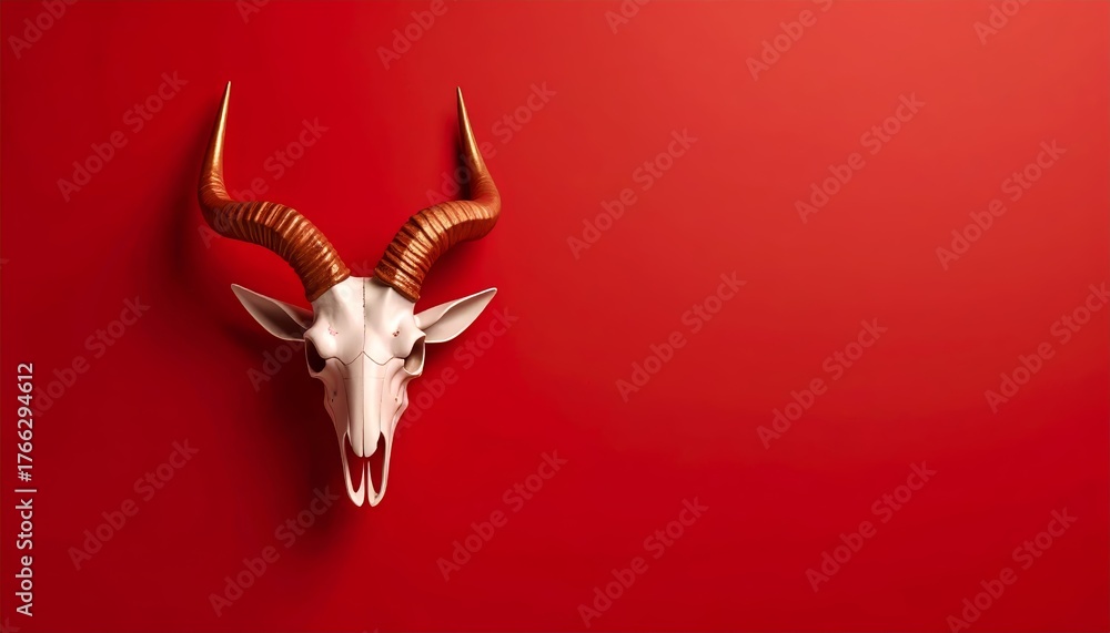 Fototapeta premium Striking antelope skull with golden horns against a vibrant red backdrop