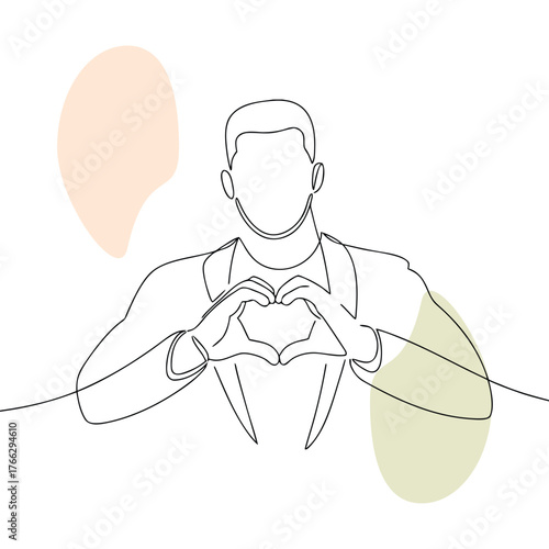 Continuous line drawing of a man in a suit making a heart shape with his hands representing love and care with soft pastel background colors minimal design