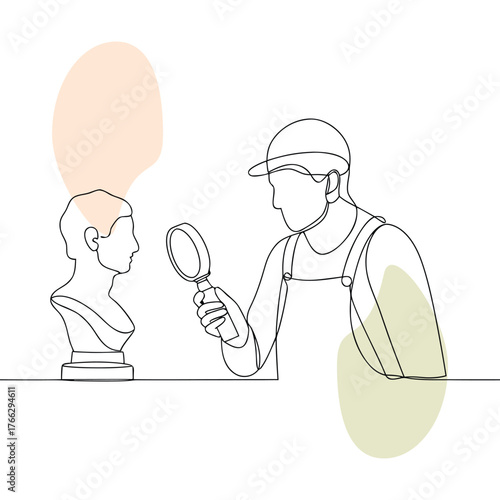 Continuous line drawing of a man inspecting a bust with a magnifying glass art appraisal and historical research concept with minimalist design