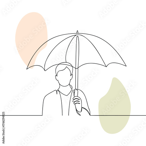 Continuous line drawing of a person holding umbrella with abstract shapes in the background artistic protection from rain concept vector illustration single line art design element