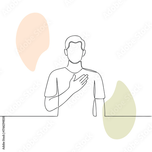 Continuous Line Drawing of a Man Placing His Hand Over His Heart With Pastel Background Shapes Depicting Patriotism