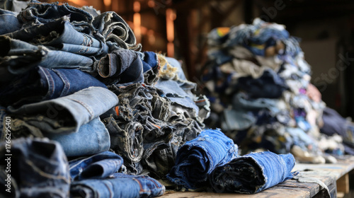 Piles of denim scraps sorted for upcycling and sustainable reuse in workshop with various shades of blue fabric stacked