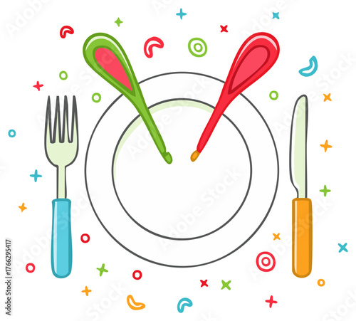 Creative illustration of a plate with cutlery and clock hands indicating mealtime.