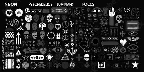 Collection of abstract hand drawn icons and symbols in black and white with neon psychedelics luminark focus themes