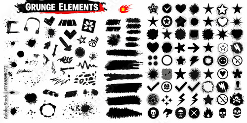 Collection of black grunge elements and icons for design projects