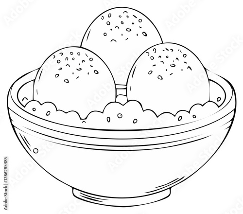 Sketch illustration of sweet dessert. Bowl of three round decorated treats.