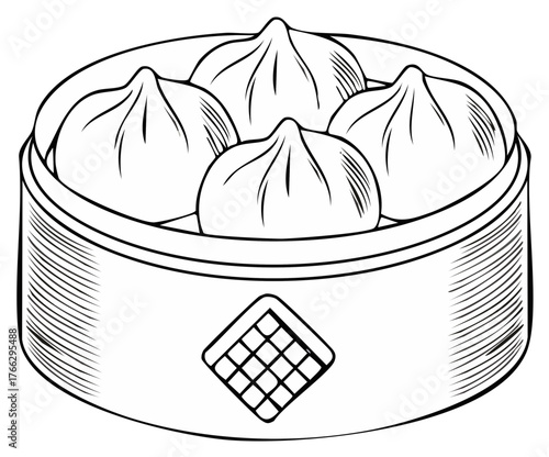 Hand drawn illustration of four delicious steamed dumplings in a bamboo steamer basket