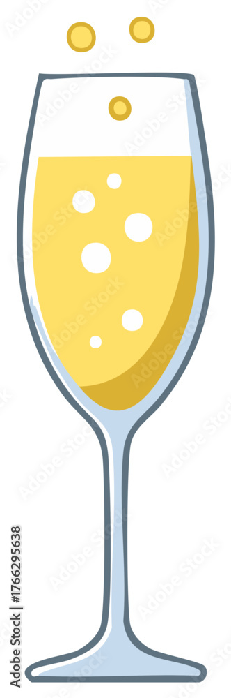 Fototapeta premium Simple cartoon illustration of a champagne flute with golden sparkling wine and fizzing bubbles for a celebration