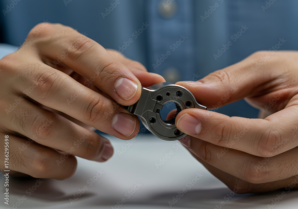 Fototapeta premium An engineer's hands holding a precision metal mechanical part. Quality control inspection of a component. Manufacturing and technology concept