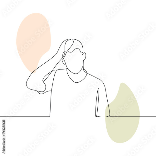 Continuous Line Drawing of Man Pondering with Abstract Shapes Represents Confusion and Mental Reflection Emphasizing Simplicity in Visual Communication and Human Expression