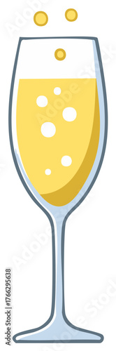 Simple cartoon illustration of a champagne flute with golden sparkling wine and fizzing bubbles for a celebration