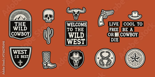 Collection of wild west cowboy icons and symbols featuring skull boots cactus and rope