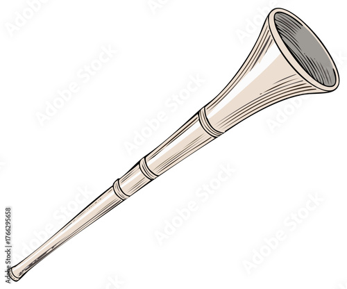 Elegant vintage horn musical instrument illustration with ornate details and a classic, celebratory aesthetic