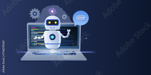 Friendly cartoon robot assistant emerging from a laptop screen with code and a password bubble