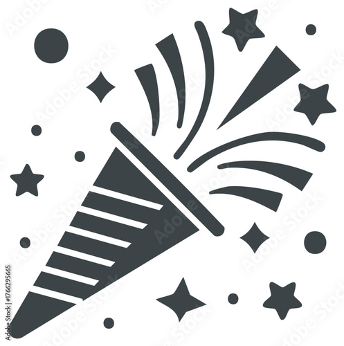 Exploding party popper icon with confetti, stars, and glitter for celebration events