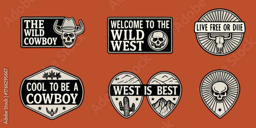 Collection of western themed badges and patches with skulls cacti and cowboy motifs