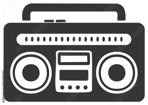 Retro boombox icon with speakers and radio tuner bar flat design graphic