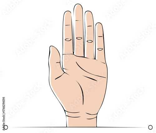 Line art illustration of an open human hand, gesture of refusal, stop, halt, or denial in a minimalist design style