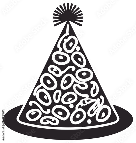 Monochrome vector illustration of a conical party hat with an abstract organic cell pattern icon for celebrations