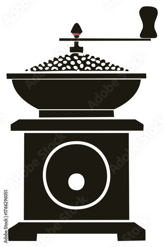 Traditional manual coffee bean grinder filled with whole roasted beans vector illustration