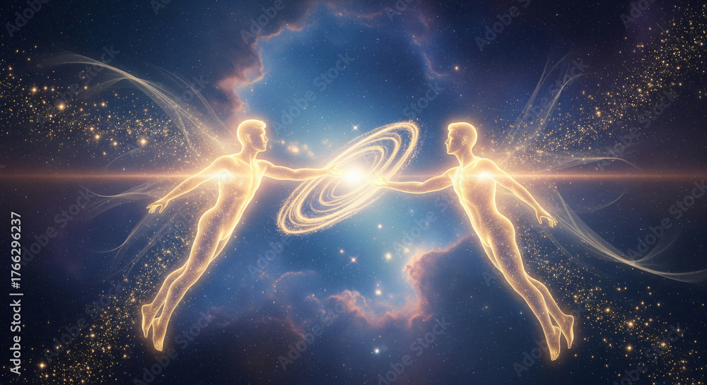 Obraz premium Two Glowing Human Figures Reaching Toward Each Other with Golden Energy Symbolizing Soul Connection and Divine Love JPG