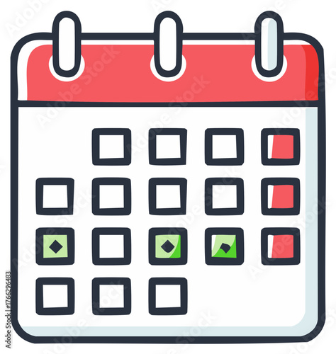 Stylized Monthly Calendar Icon with Marked Days and Deadline Highlights, Simple Agenda Graphic, Planner Illustration