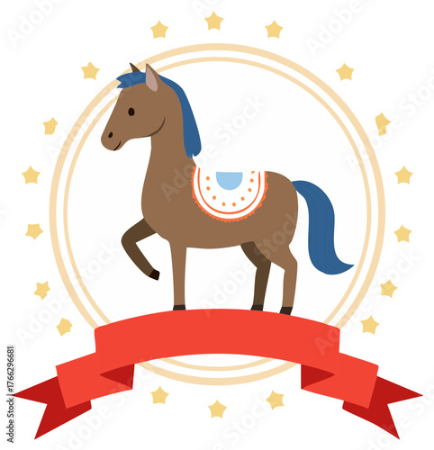 Cute carousel horse emblem with stars and a blank red banner for text