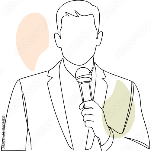 Line art illustration of a faceless man in a suit holding a microphone delivering a speech or presentation with abstract shapes around him creating a modern minimalist design