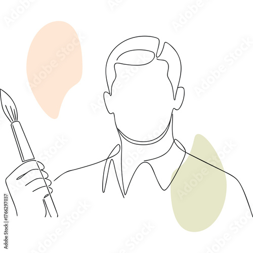 Line Art Illustration of Artist with Brush in Hand Creative Expression and Artistic Inspiration a Continuous Stroke Depicting a Male Figure