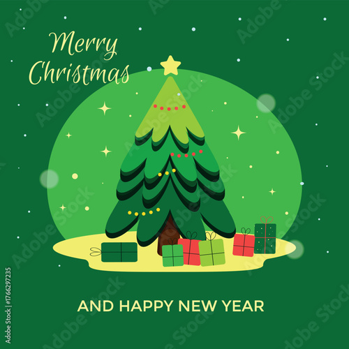 Merry Christmas and happy new year greeting card. Christmas tree with present box on gree background. Vector illustration