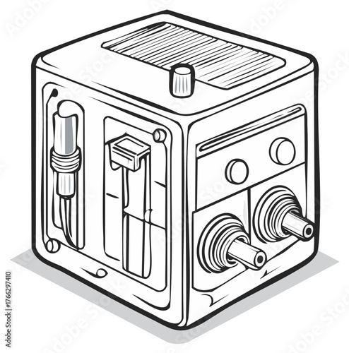 Outline vector drawing of a portable compact industrial machine with dials and connections