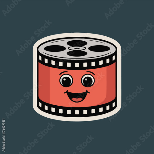 A cartoon film reel with a happy face on a dark background in a simple and cute illustration