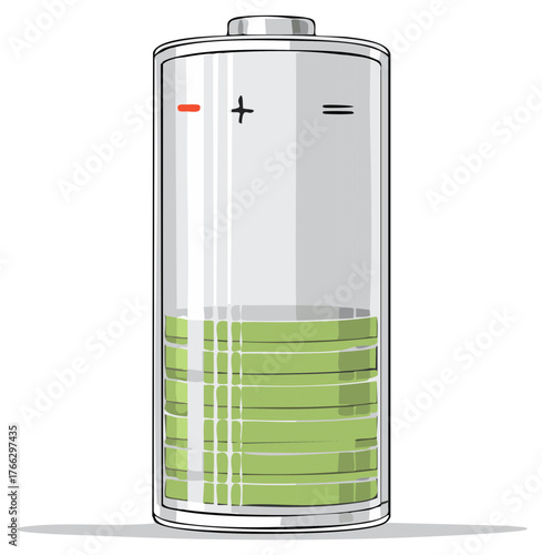 Illustration of battery with plus, minus symbols, showing level of green power; energy storage