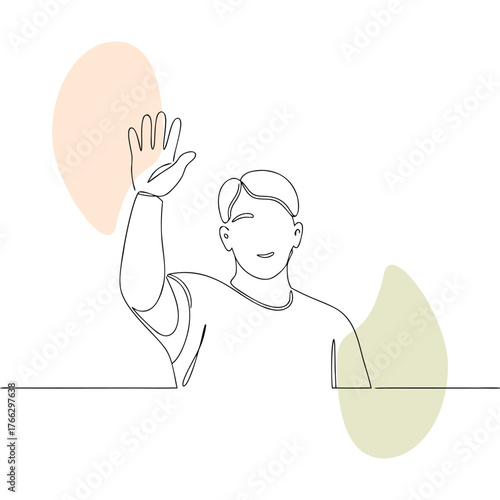 Minimalist Continuous Line Drawing of a Young Man Waving Hello with Abstract Shapes Behind him for Creative Designs and Modern Wall Art Decor