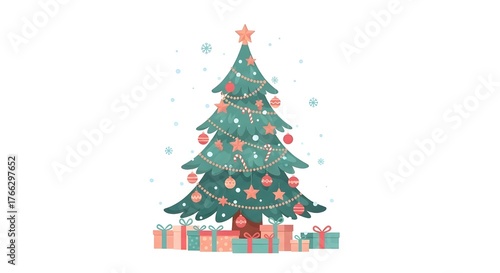 Illustration of a decorated Christmas tree with gifts underneath, surrounded by snowflakes on a white background.