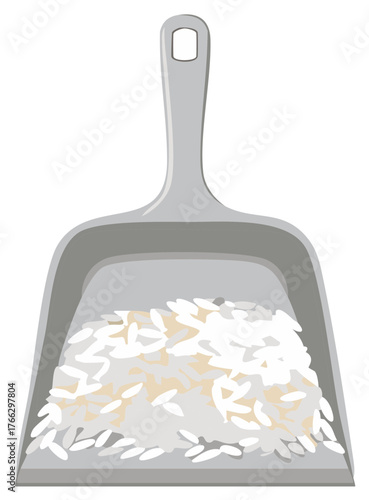 Grey dustpan filled with spilled uncooked white and brown rice grains illustration