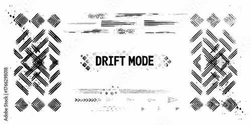 Abstract grunge graphic elements and textures with drift mode text and tire tracks