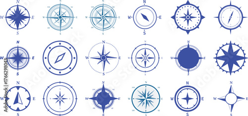 Collection of Diverse Compass Rose and Navigation Symbols